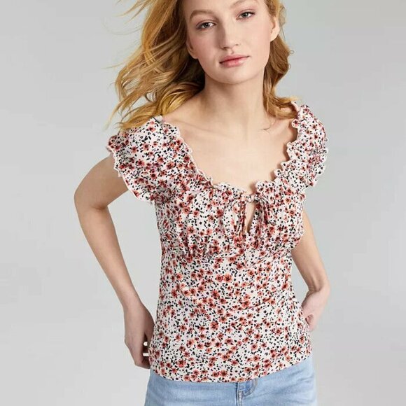 JR253 Planet Gold Rose Juniors' Floral Printed Puff-Sleeve Peasant Top Size S - Picture 1 of 1